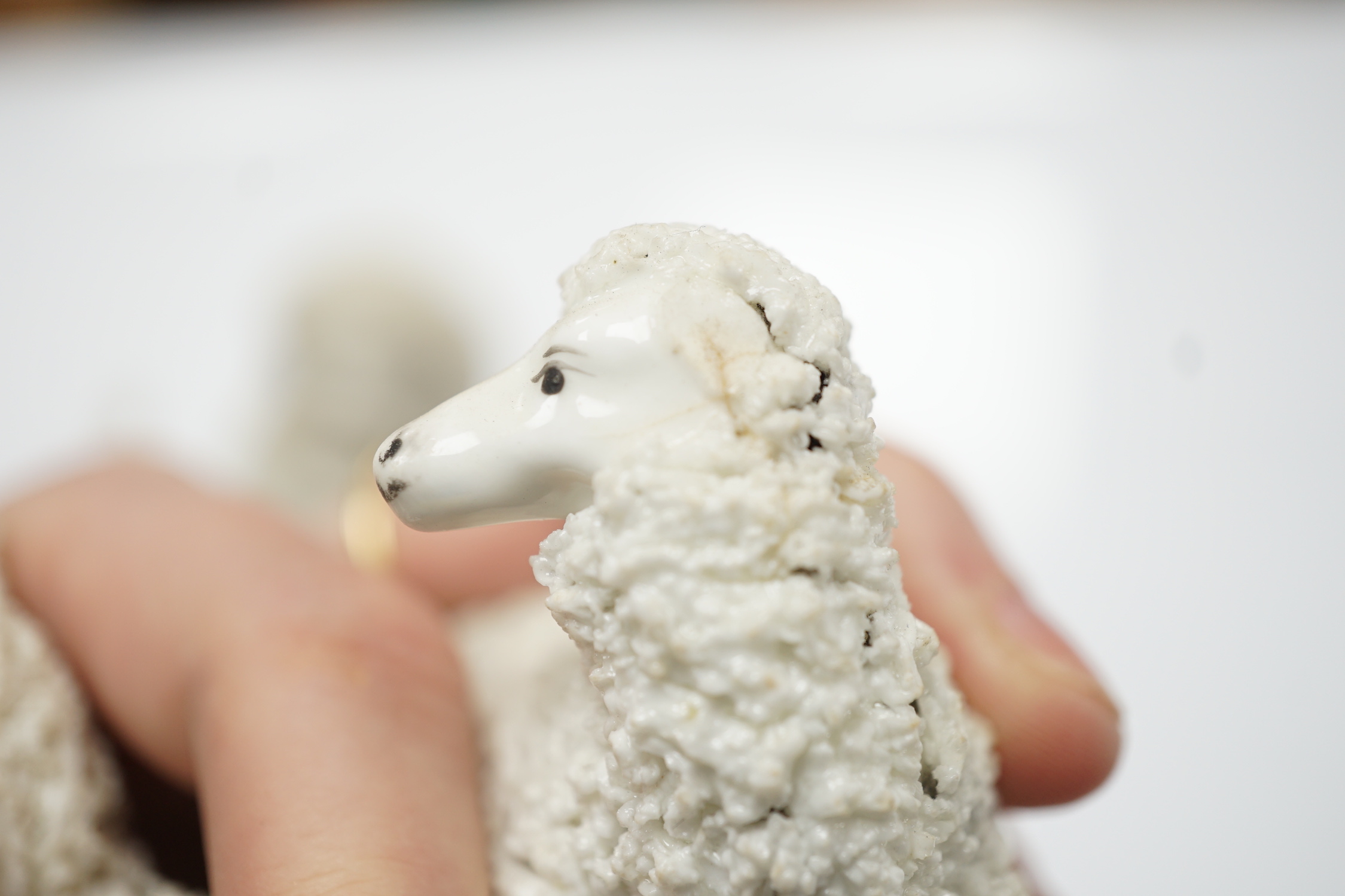 Two Samuel Alcock models of recumbent spaniels, a Staffordshire porcelain model of a seated spaniel and six similar sheep c.1830-50, and five Continental porcelain models of poodles (11)